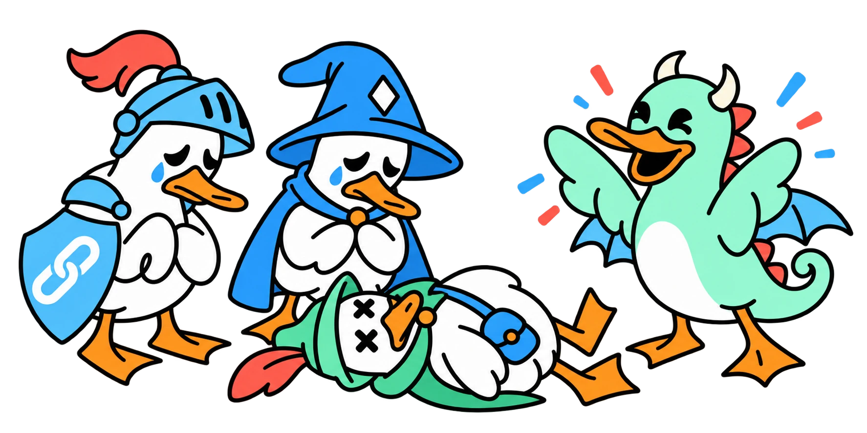 The Knight and Wizard mourn a theatrically fallen Ranger while the Duckagon celebrates.