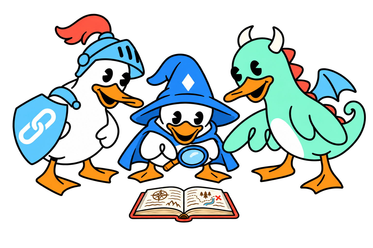 The Knight, Wizard and Duckagon gather around an open book.
