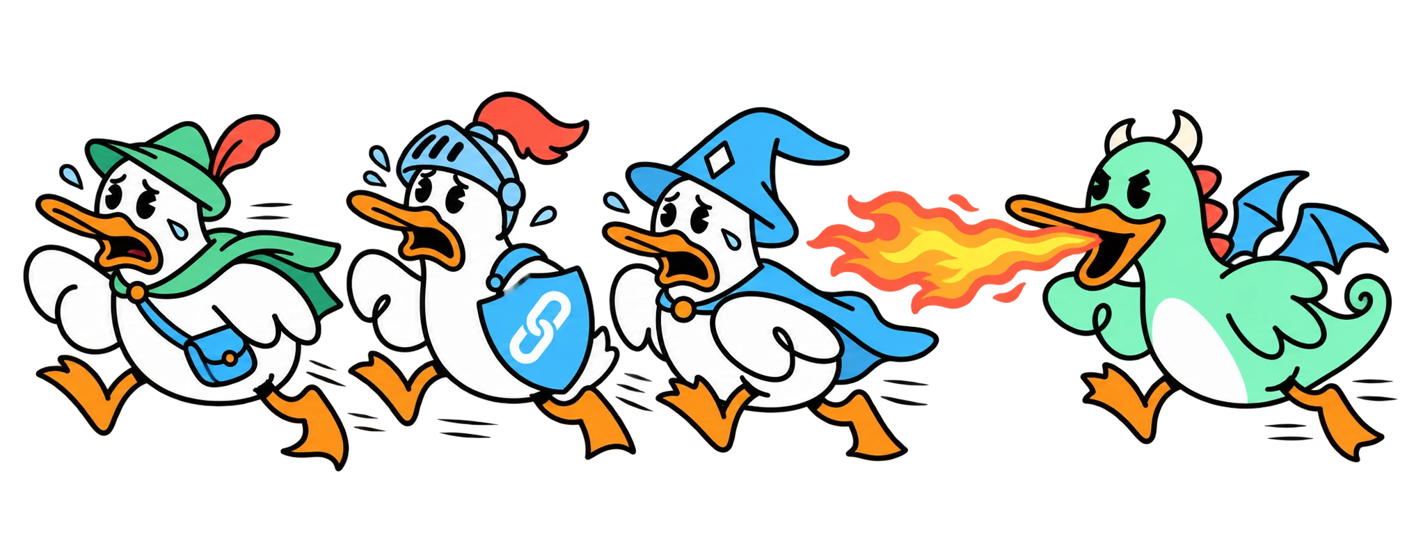 The Ranger, Knight and Wizard ducks flee a fire-breathing dragon.